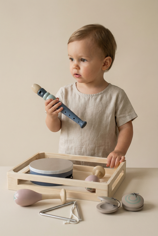 Neutral 5-piece wooden musical instruments set in a wooden tray