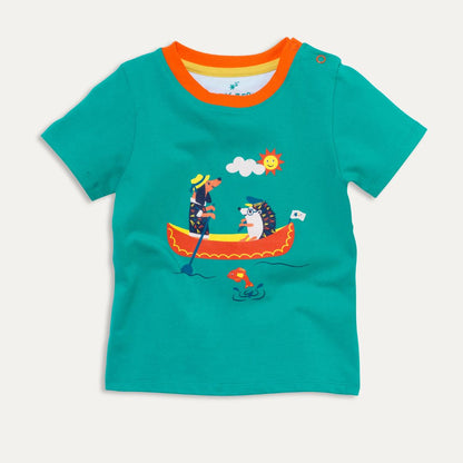 Image of a turquoise Ducky Zebra t-shirt with a contrasting orange trim and a print of a hedgehog and sausage dog rowing a boat on the front.