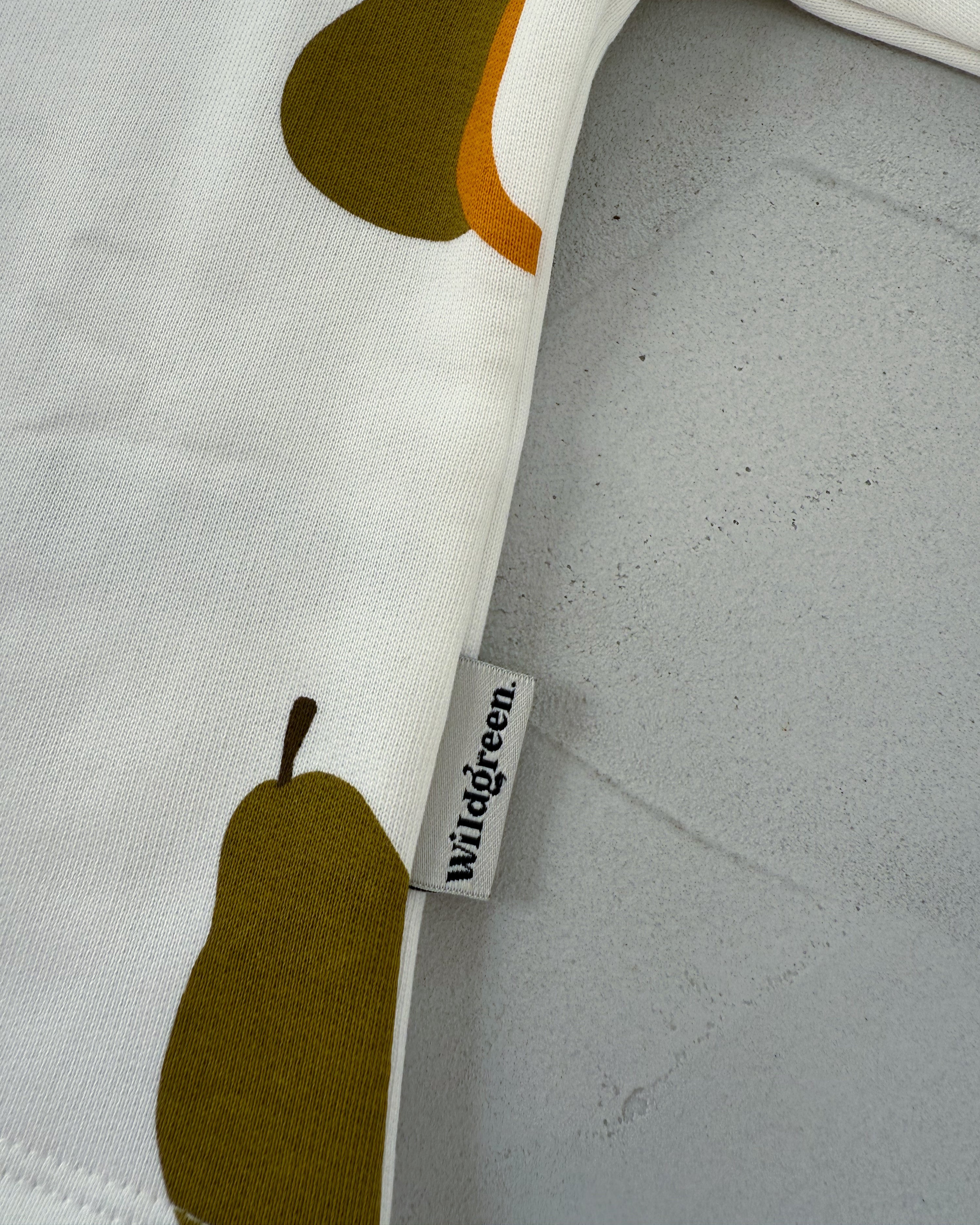 Kids unisex pear print organic undyed cotton sweater. Sustainable gender neutral kidswear.