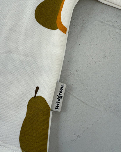 Kids unisex pear print organic undyed cotton sweater. Sustainable gender neutral kidswear.