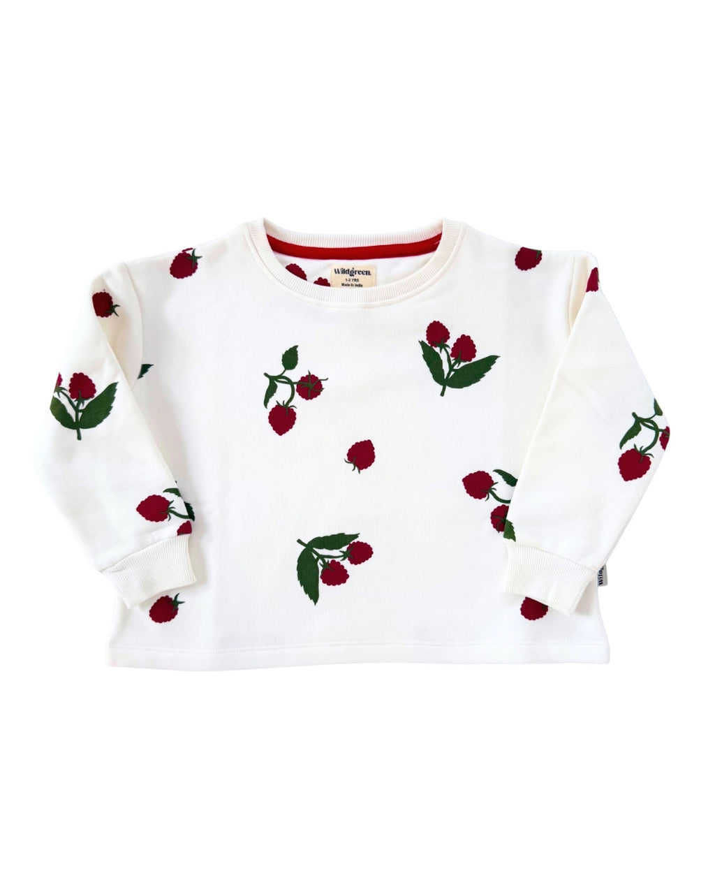 Wildgreen raspberry print long-sleeve sweater made from 100% organic undyed cotton. Unisex sustainable kidswear