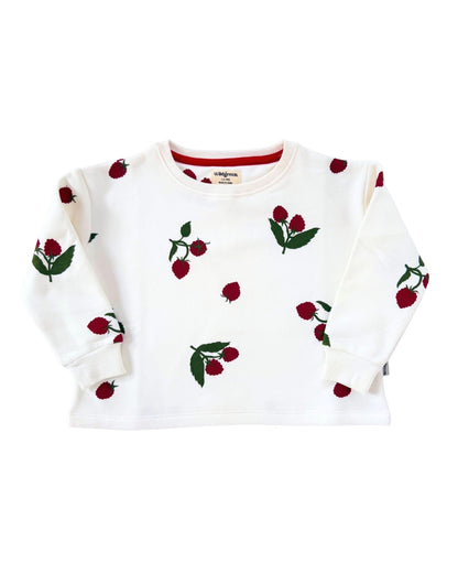 Wildgreen raspberry print long-sleeve sweater made from 100% organic undyed cotton. Unisex sustainable kidswear