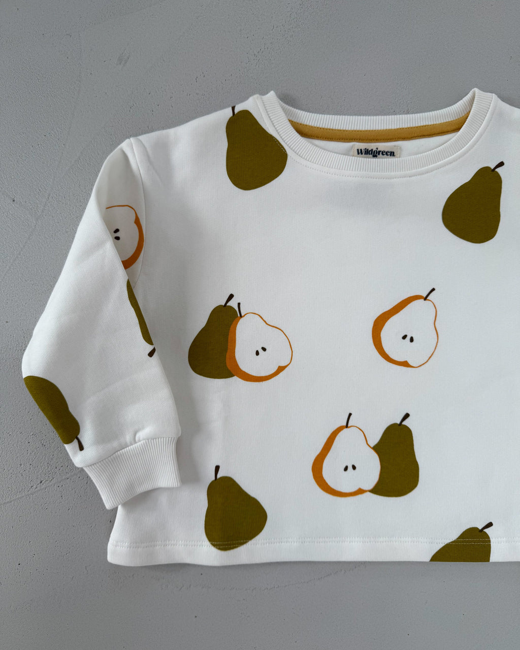 Kids unisex pear print organic undyed cotton sweater. Sustainable gender neutral kidswear.