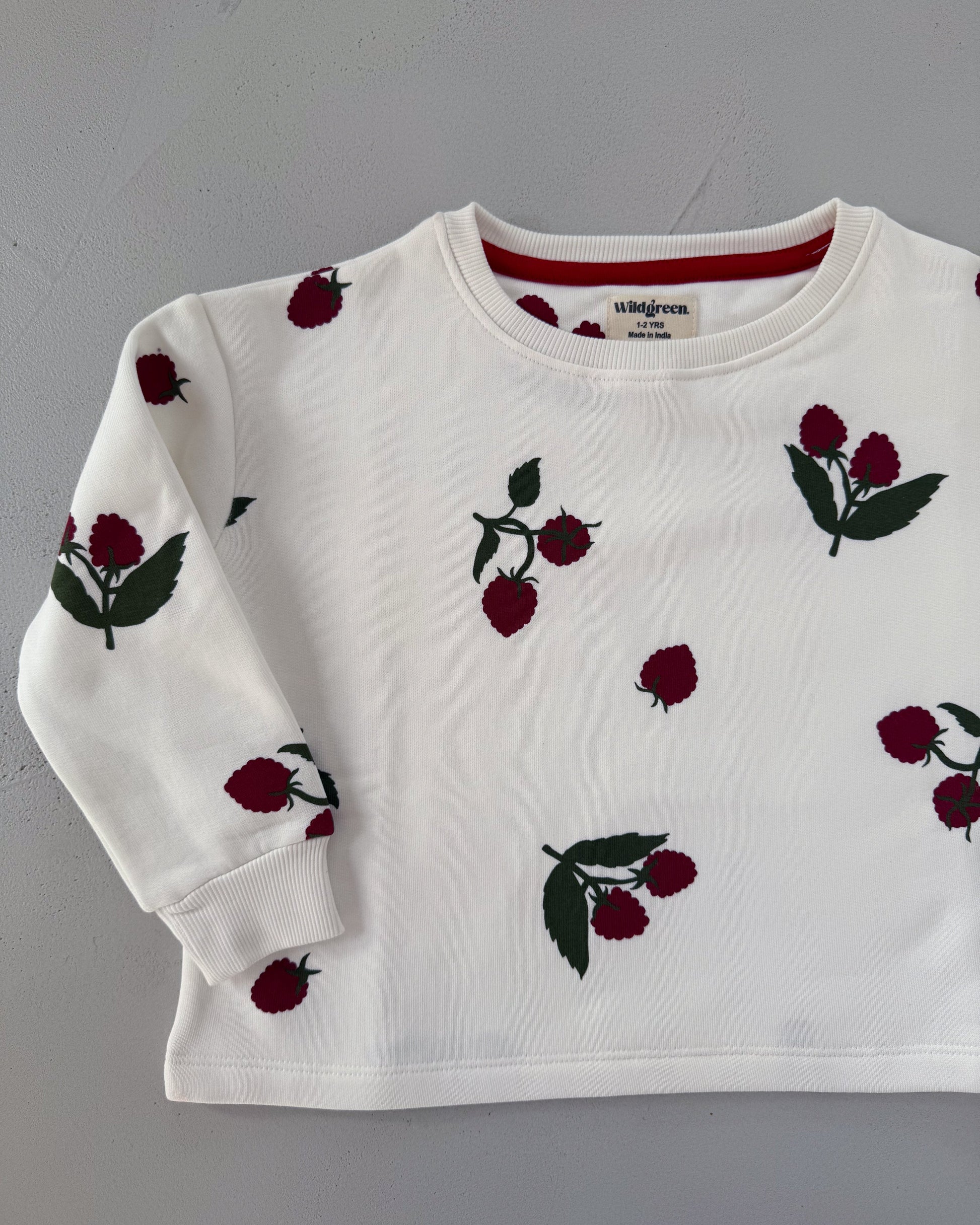 Wildgreen raspberry print long-sleeve sweater made from 100% organic undyed cotton. Unisex sustainable kidswear