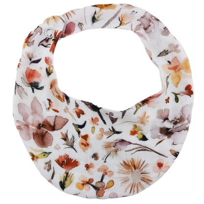 Autumn Floral Neutral Bib - teething weaning feeding baby bib drool catcher bib saliva newborn bib - close up Front view of bib - Little Scandi baby