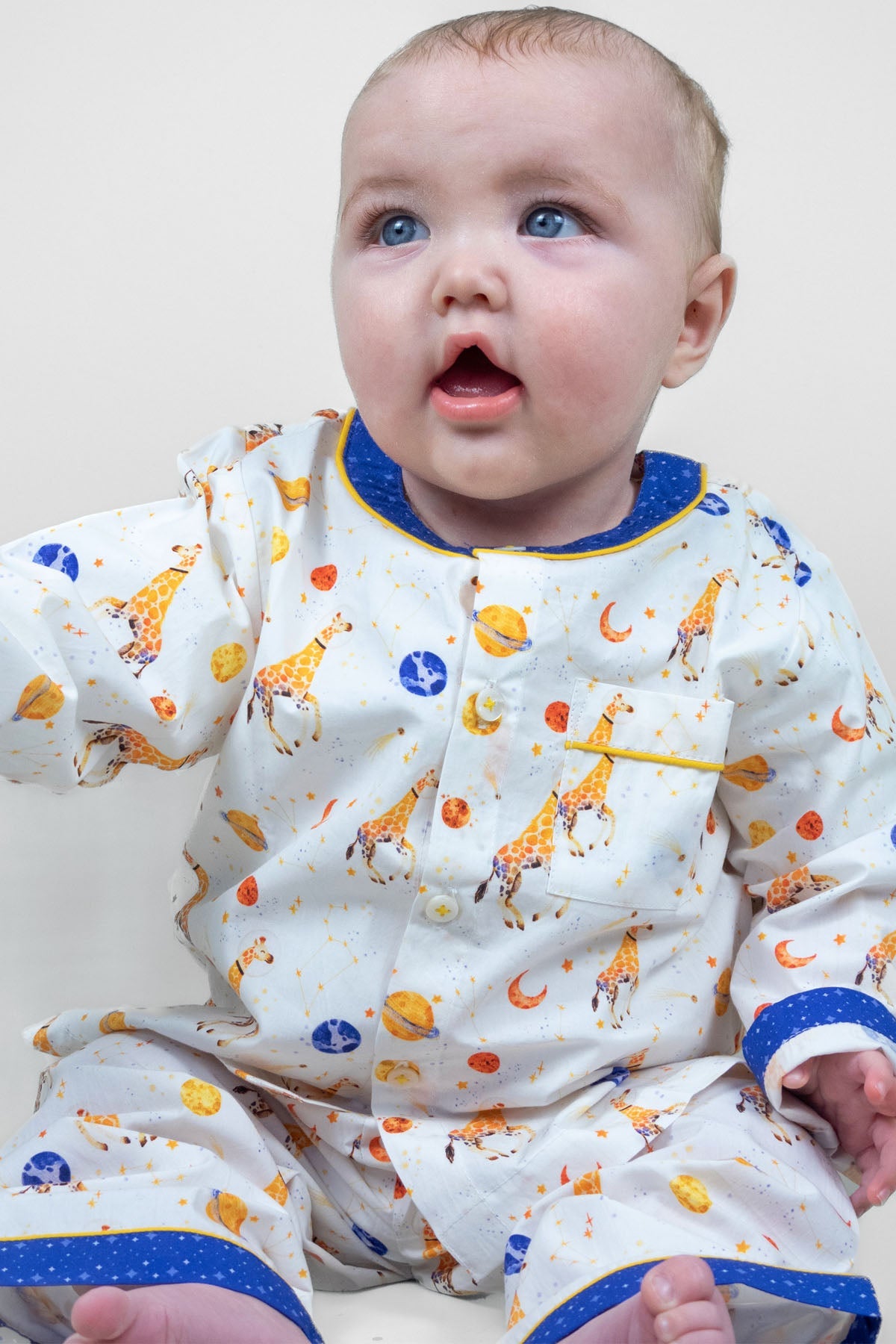 giraffe space odyssey - organic cotton baby pyjama set | organic cotton kids pyjamas UK