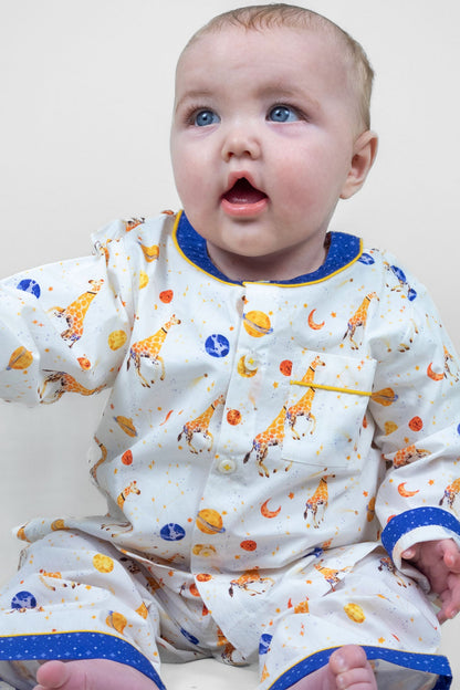 giraffe space odyssey - organic cotton baby pyjama set | organic cotton kids pyjamas UK