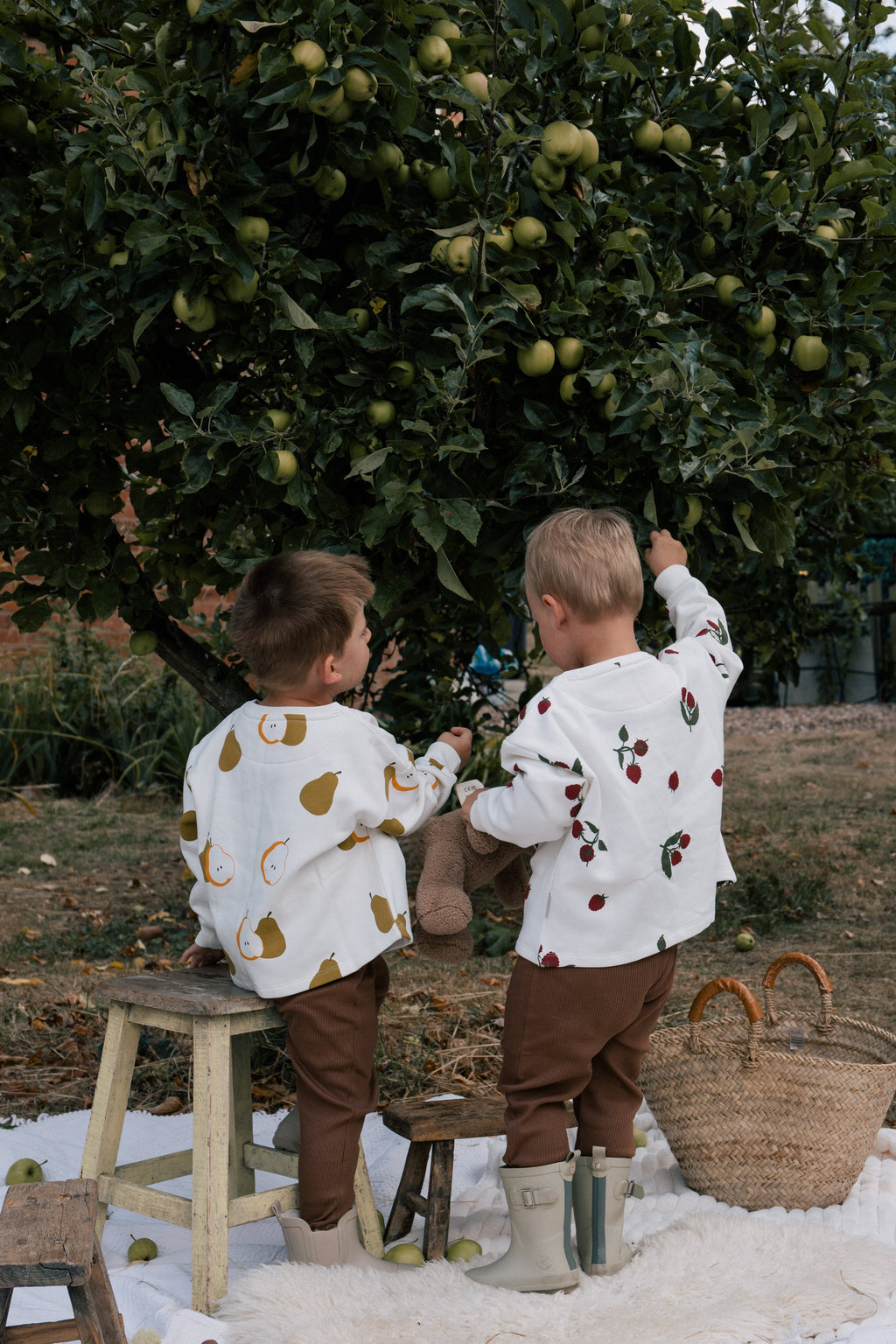 Organic cotton Wildgreen sweater in Autumn Pear print, worn by toddler, sustainable unisex and gender-neutral clothing for kids