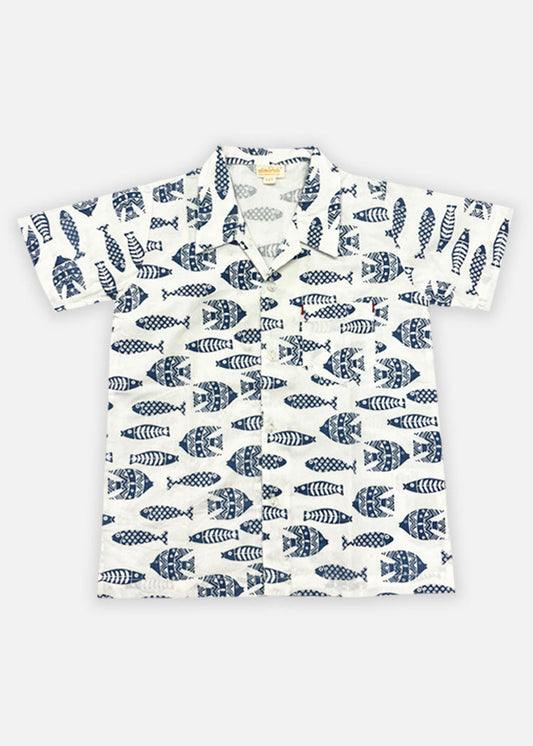 Boys Cotton Shirt in Ink Fish Blue Print