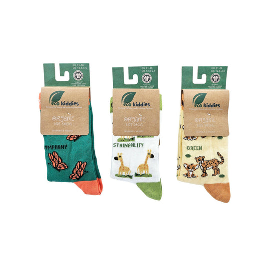 Eco Kiddies Green Guardians organic cotton kids socks bundle three pairs - sustainable wildlife children's socks UK | Kiddykind