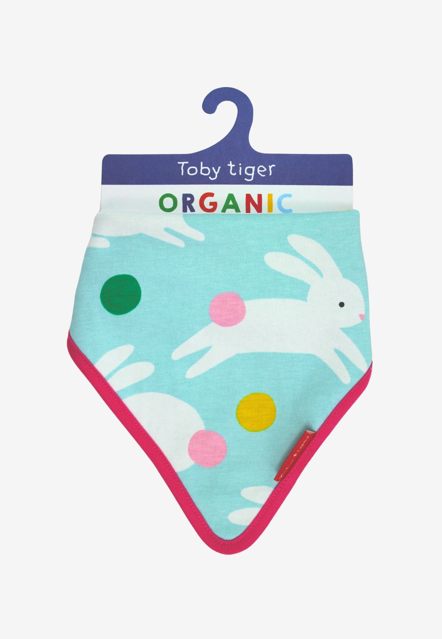 Children's organic bib with bunny design on a hanger, branded 'Toby Tiger'.
