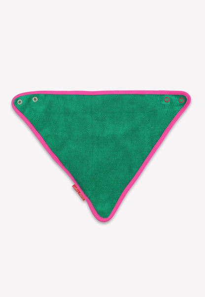 Green triangle-shaped product with pink border on a white background