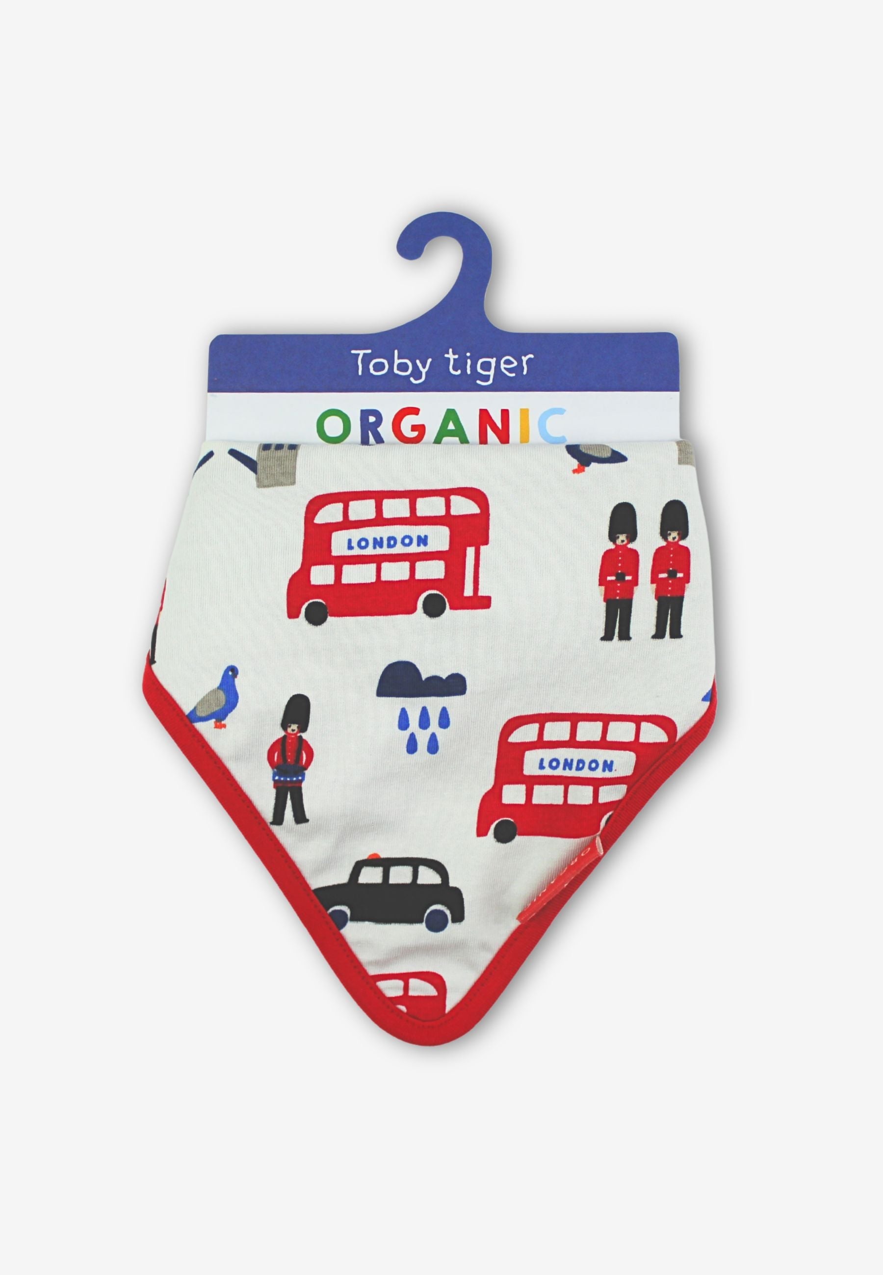 Organic bandana bib with London-themed design on a hanger, featuring Toby Tiger branding.