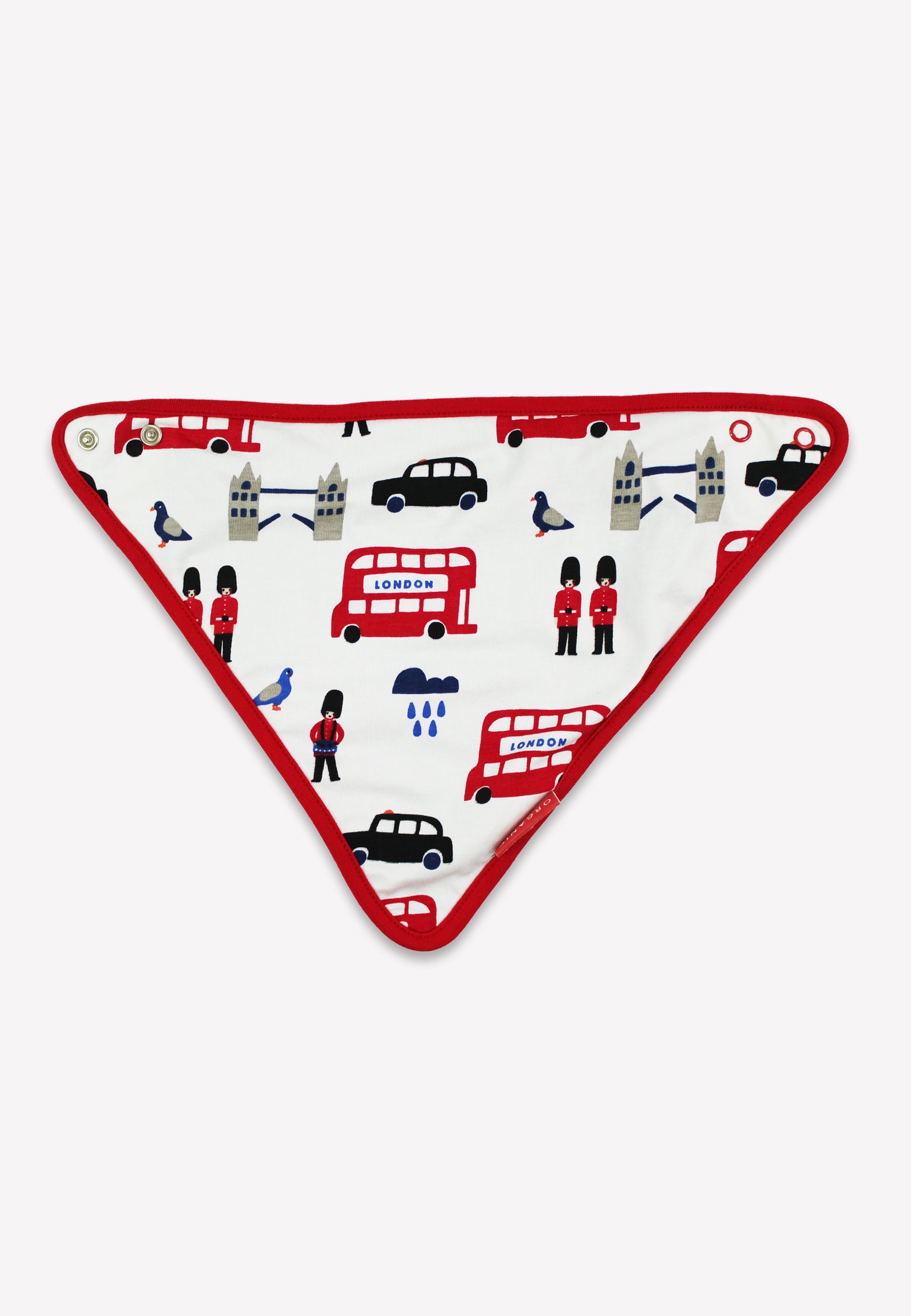 Triangular fabric snack bag with London-themed design on a white background