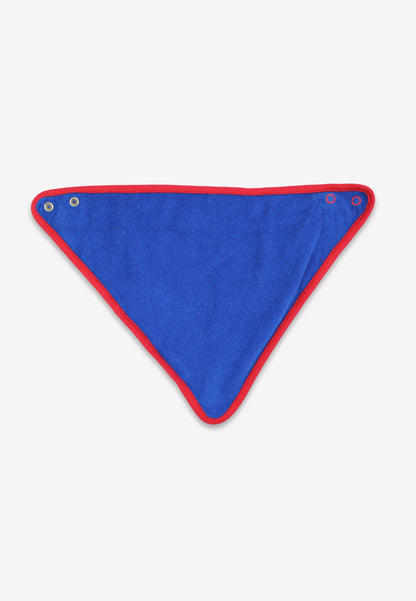 Blue triangle-shaped fabric with red border on a white background