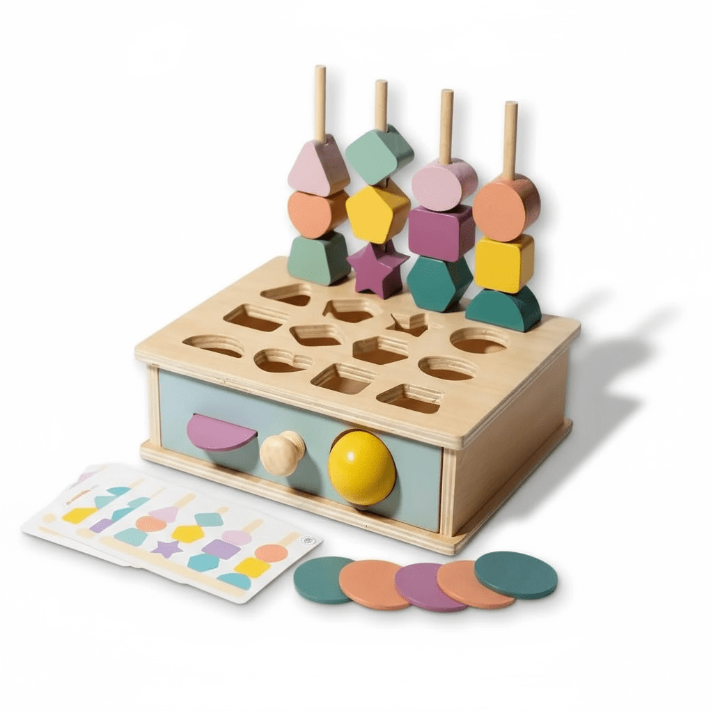 Pastel wooden shape matching and sorting box with drawer, view 2