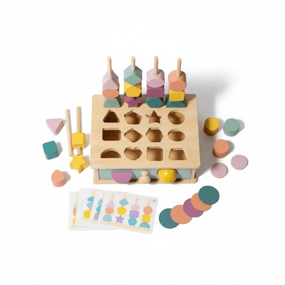 Pastel wooden shape matching and sorting box with drawer, view 3
