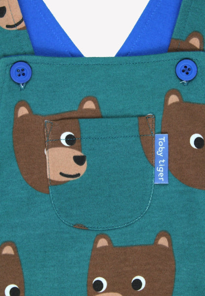 Organic Brown Bear Print Dungarees - Toby Tiger