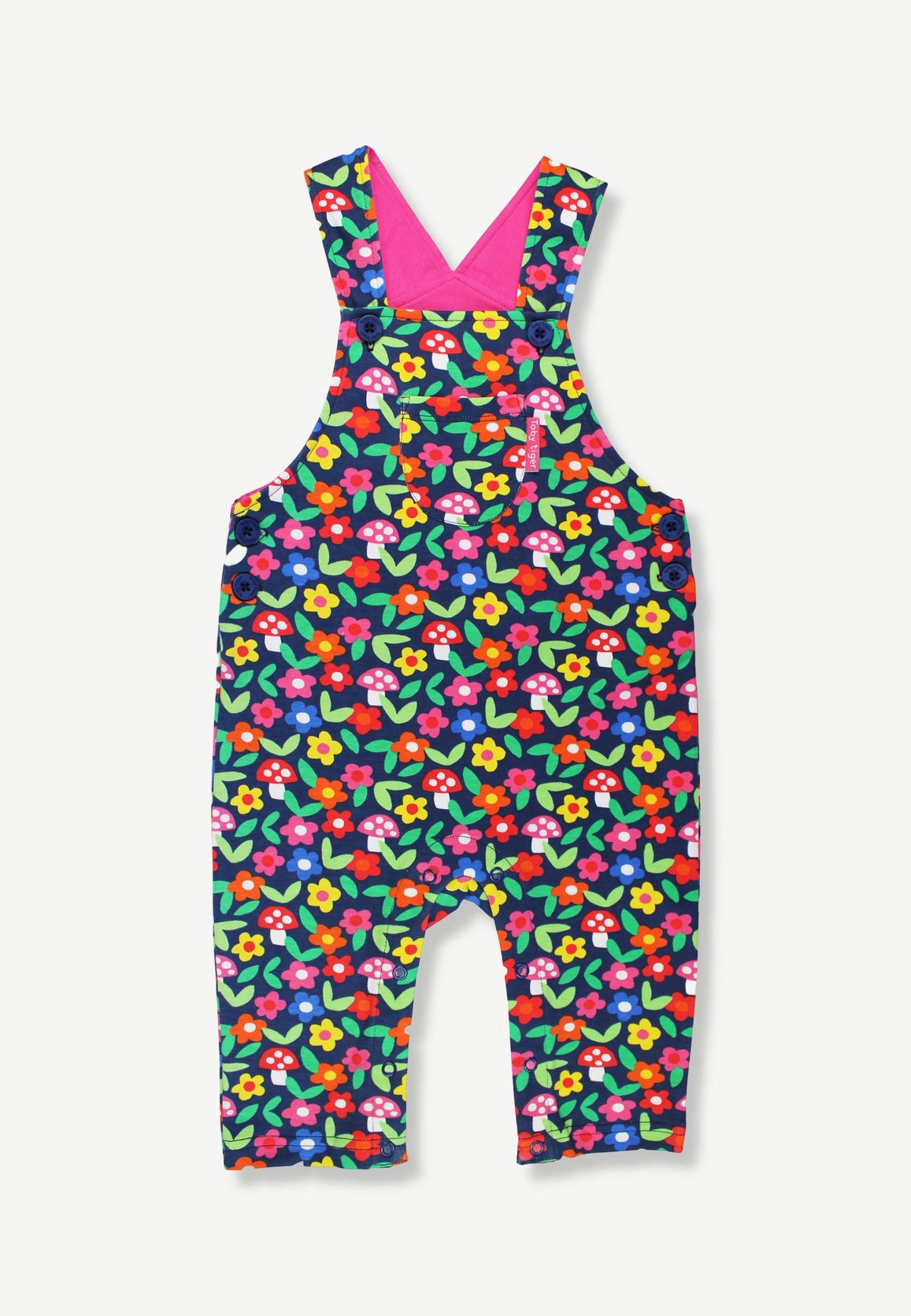A baby's floral print overall romper with a bright pink V-neck lining, shown flat against a light gray background.