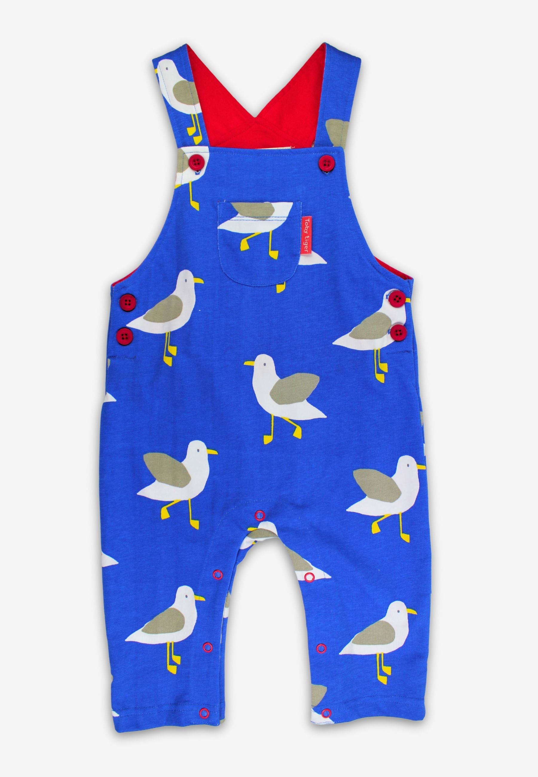 Blue children's dungarees with seagull pattern on a white background