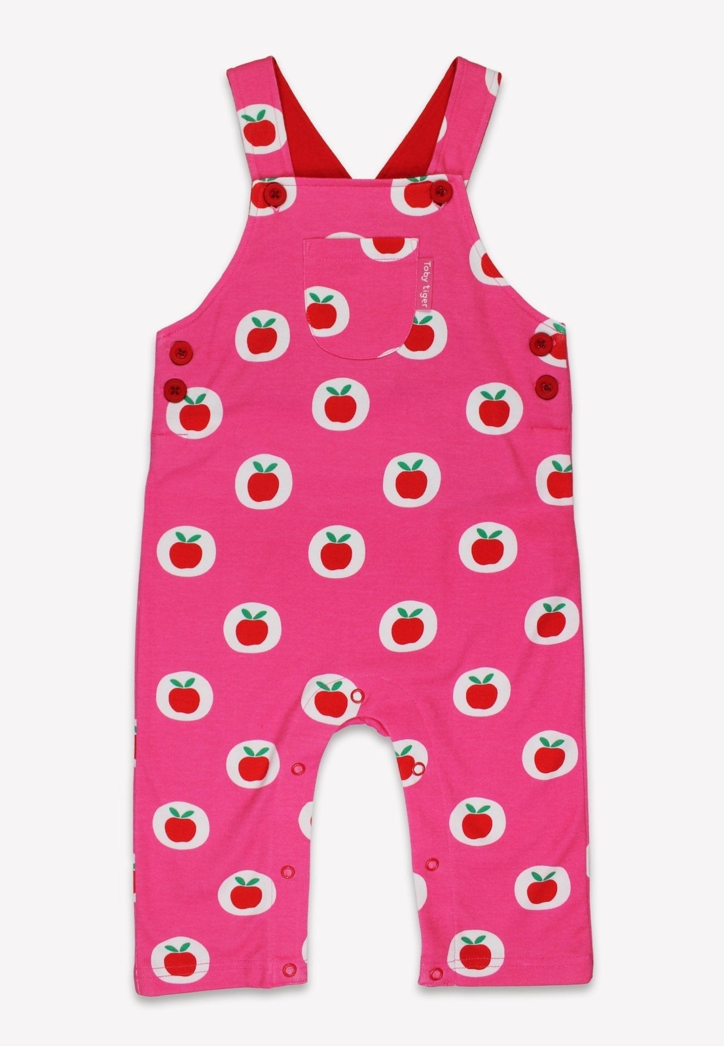Organic Apple Print Dungarees by Toby Tiger, GOTS-certified, vetted by KIDDYKIND