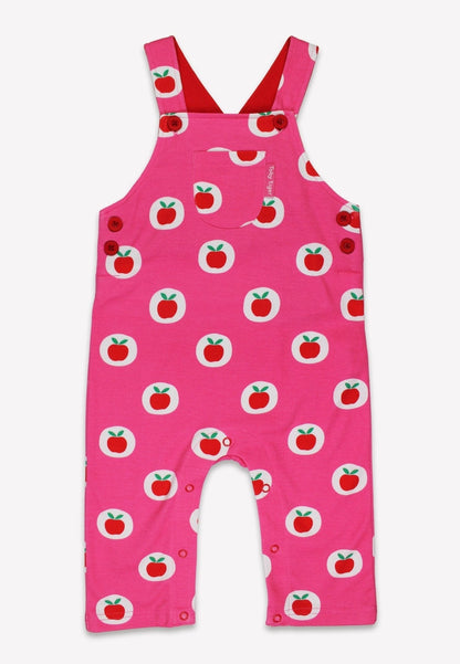 Organic Apple Print Dungarees by Toby Tiger, GOTS-certified, vetted by KIDDYKIND