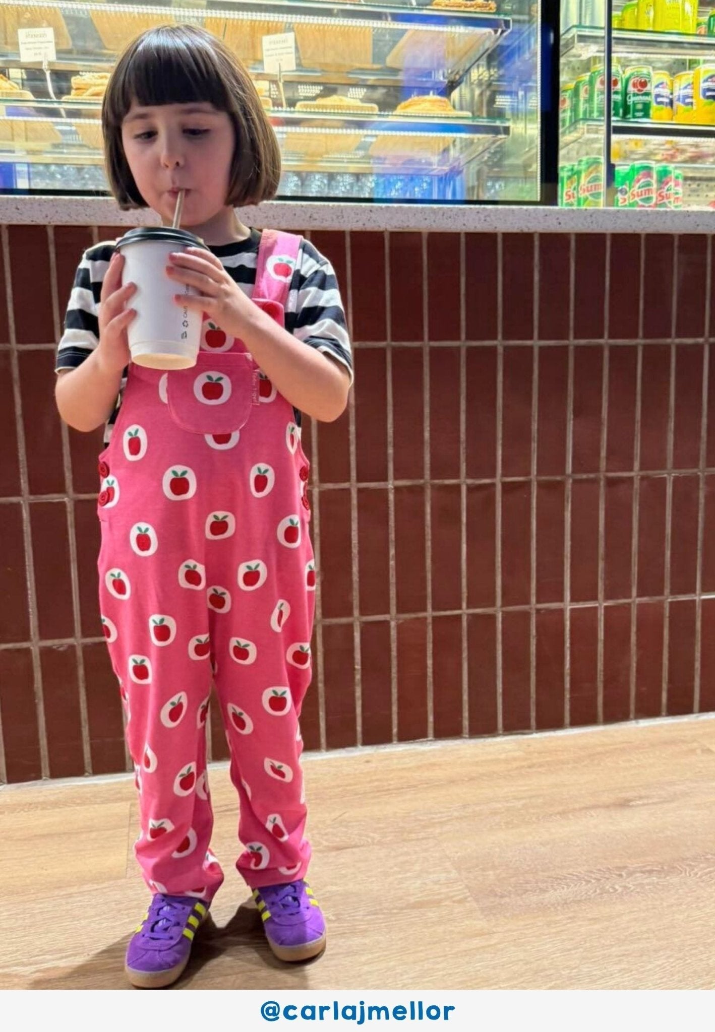 Organic Apple Print Dungarees by Toby Tiger, GOTS-certified, vetted by KIDDYKIND