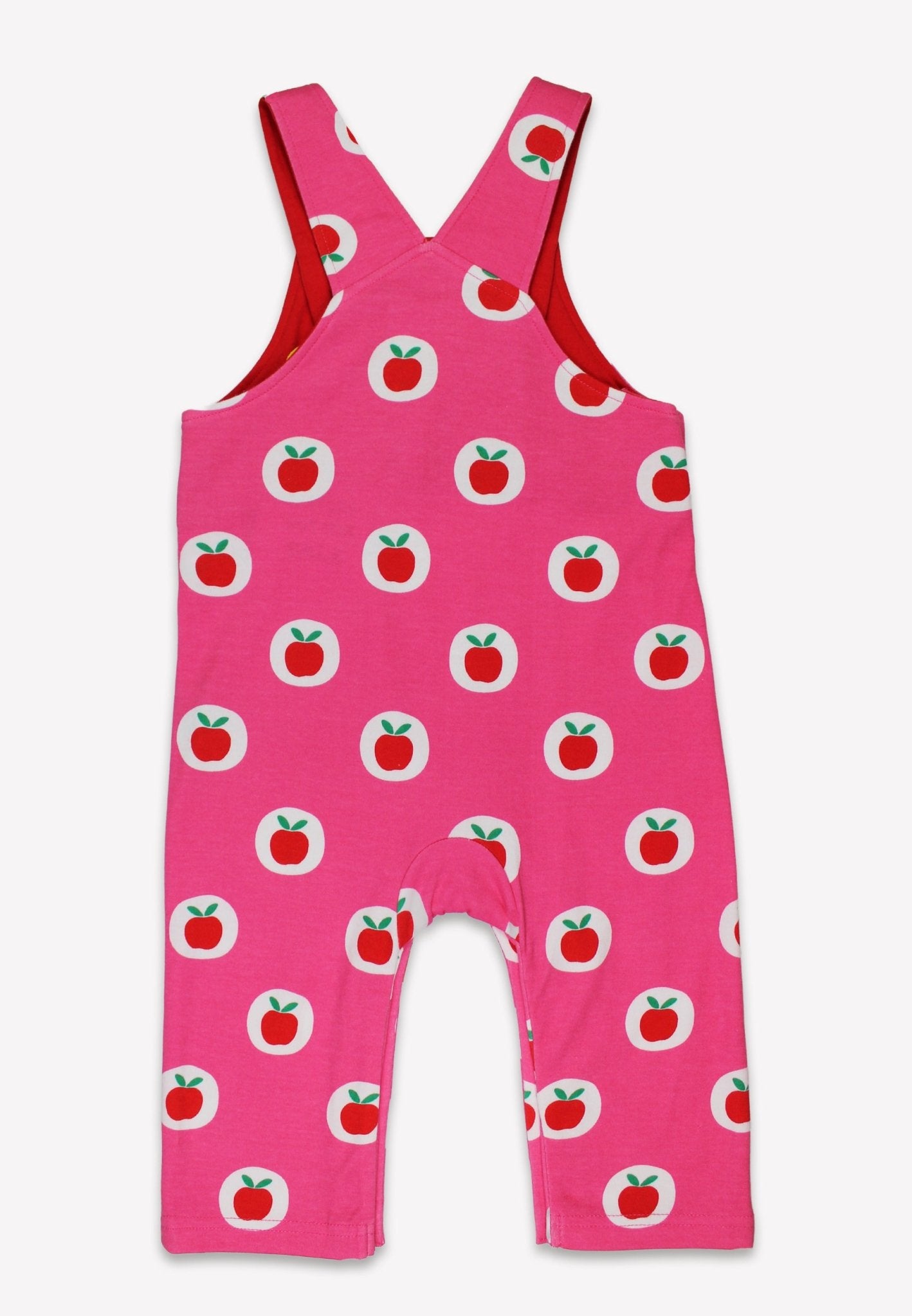 Organic Apple Print Dungarees by Toby Tiger, GOTS-certified, vetted by KIDDYKIND
