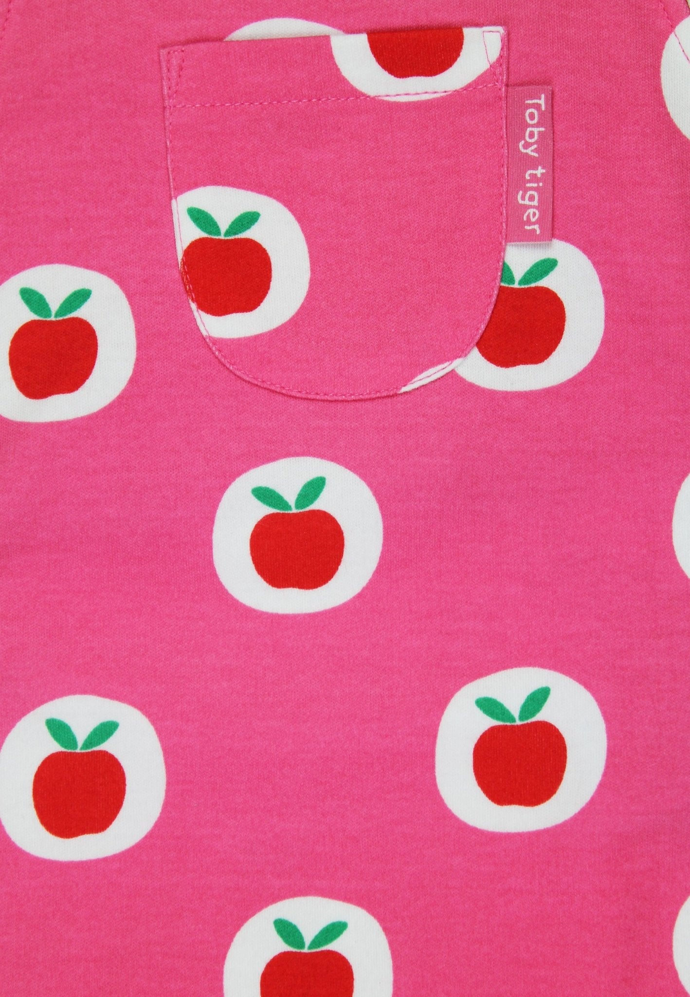 Organic Apple Print Dungarees by Toby Tiger, GOTS-certified, vetted by KIDDYKIND