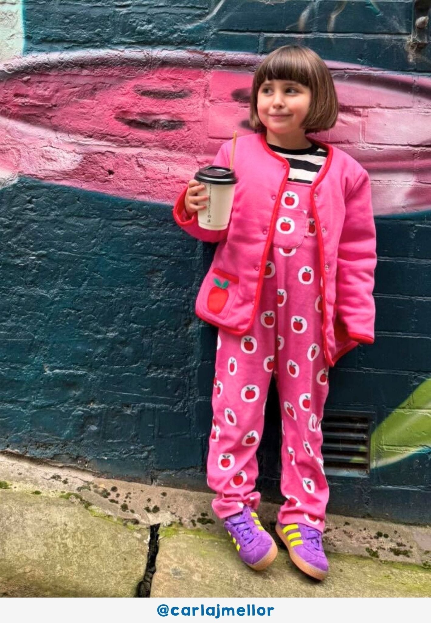Organic Apple Print Dungarees by Toby Tiger, GOTS-certified, vetted by KIDDYKIND