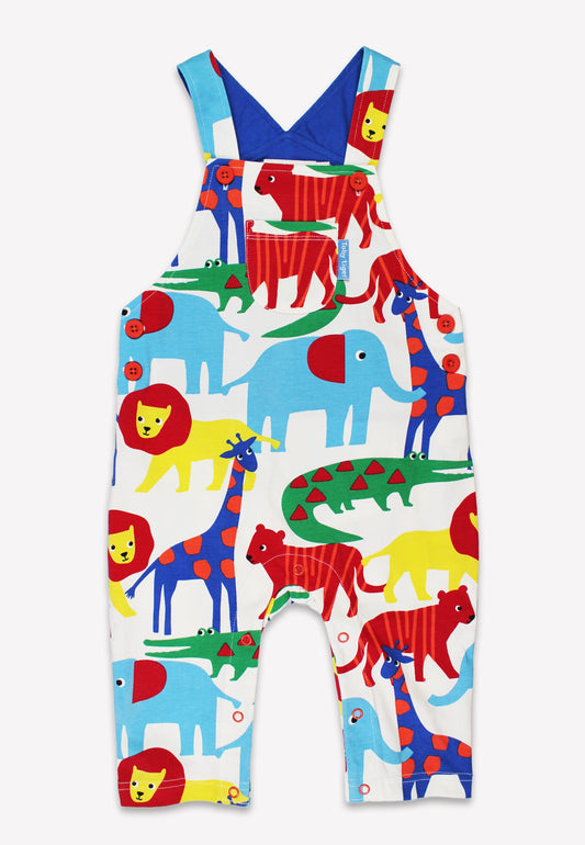 Children's overalls with colorful animal pattern on a white background