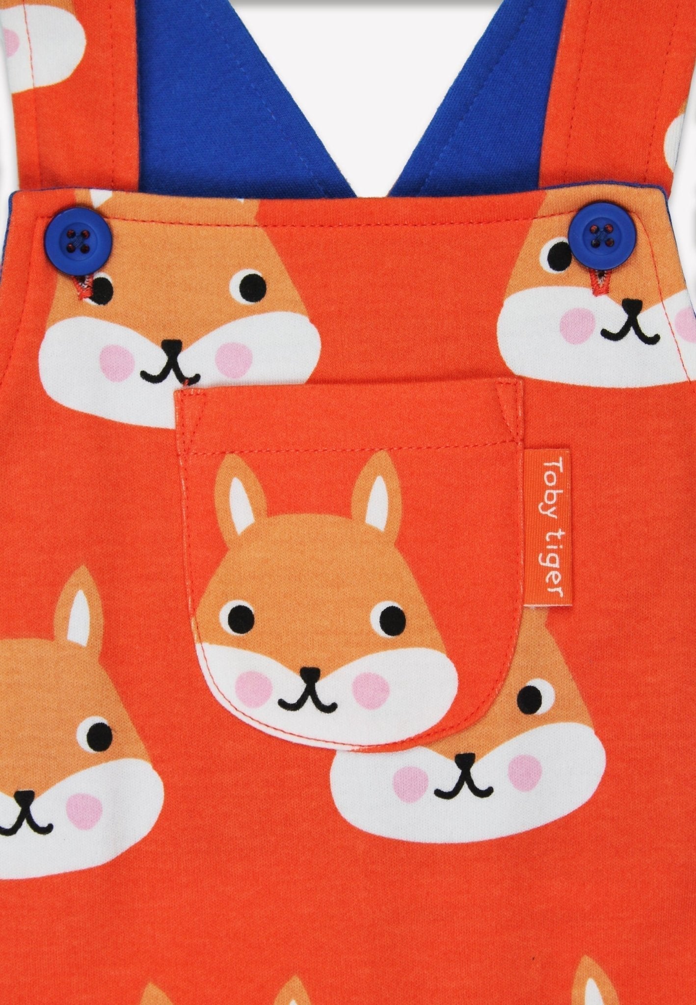 Organic Squirrel Print Dungarees by Toby Tiger, GOTS-certified, vetted by KIDDYKIND