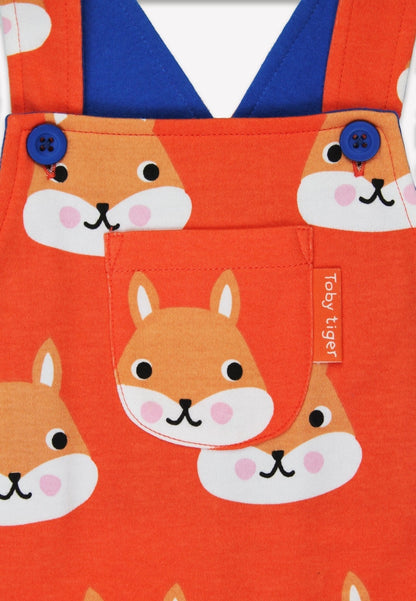 Organic Squirrel Print Dungarees by Toby Tiger, GOTS-certified, vetted by KIDDYKIND