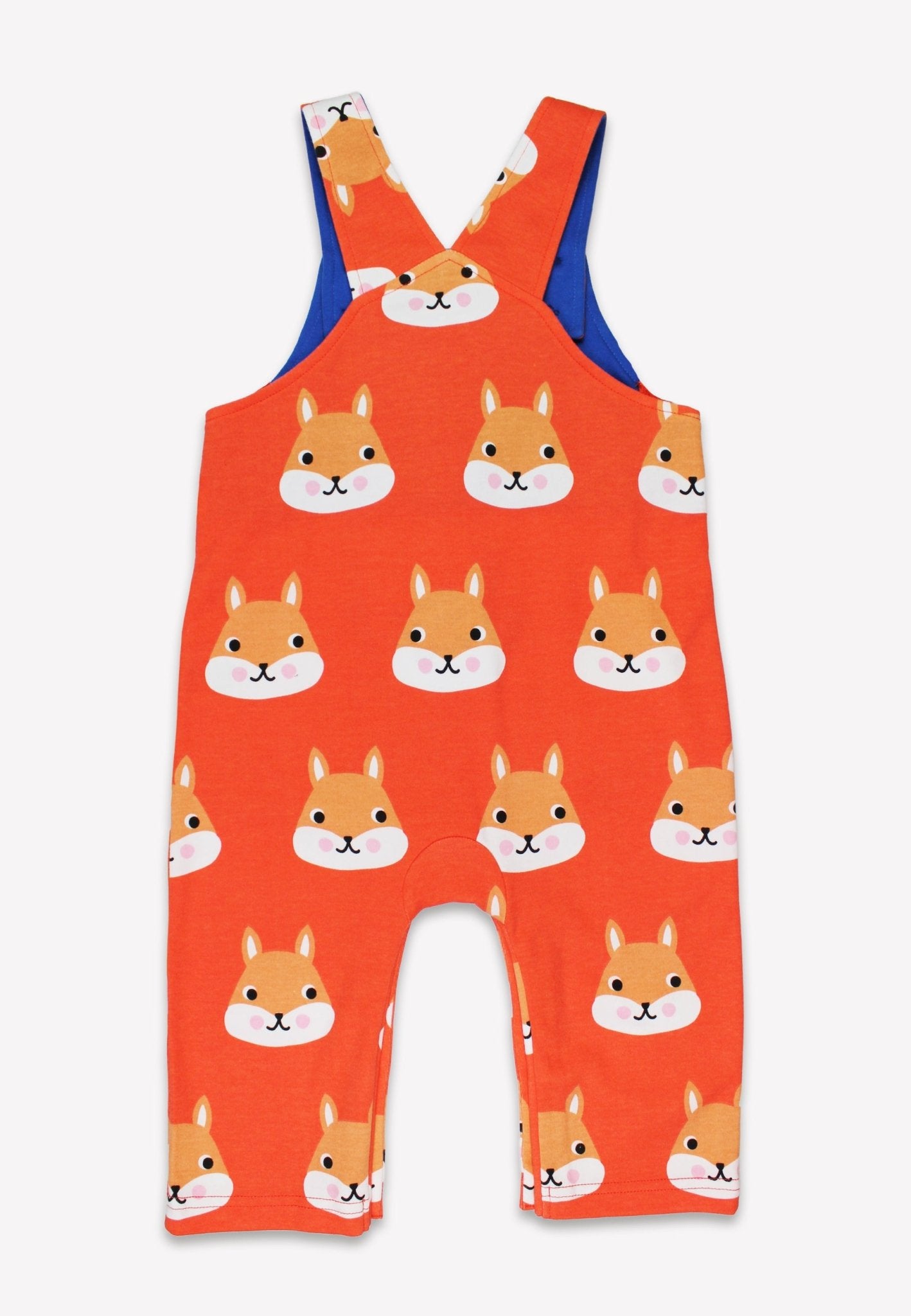 Organic Squirrel Print Dungarees by Toby Tiger, GOTS-certified, vetted by KIDDYKIND