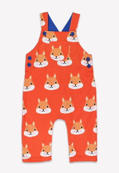 Organic Squirrel Print Dungarees by Toby Tiger, GOTS-certified, vetted by KIDDYKIND