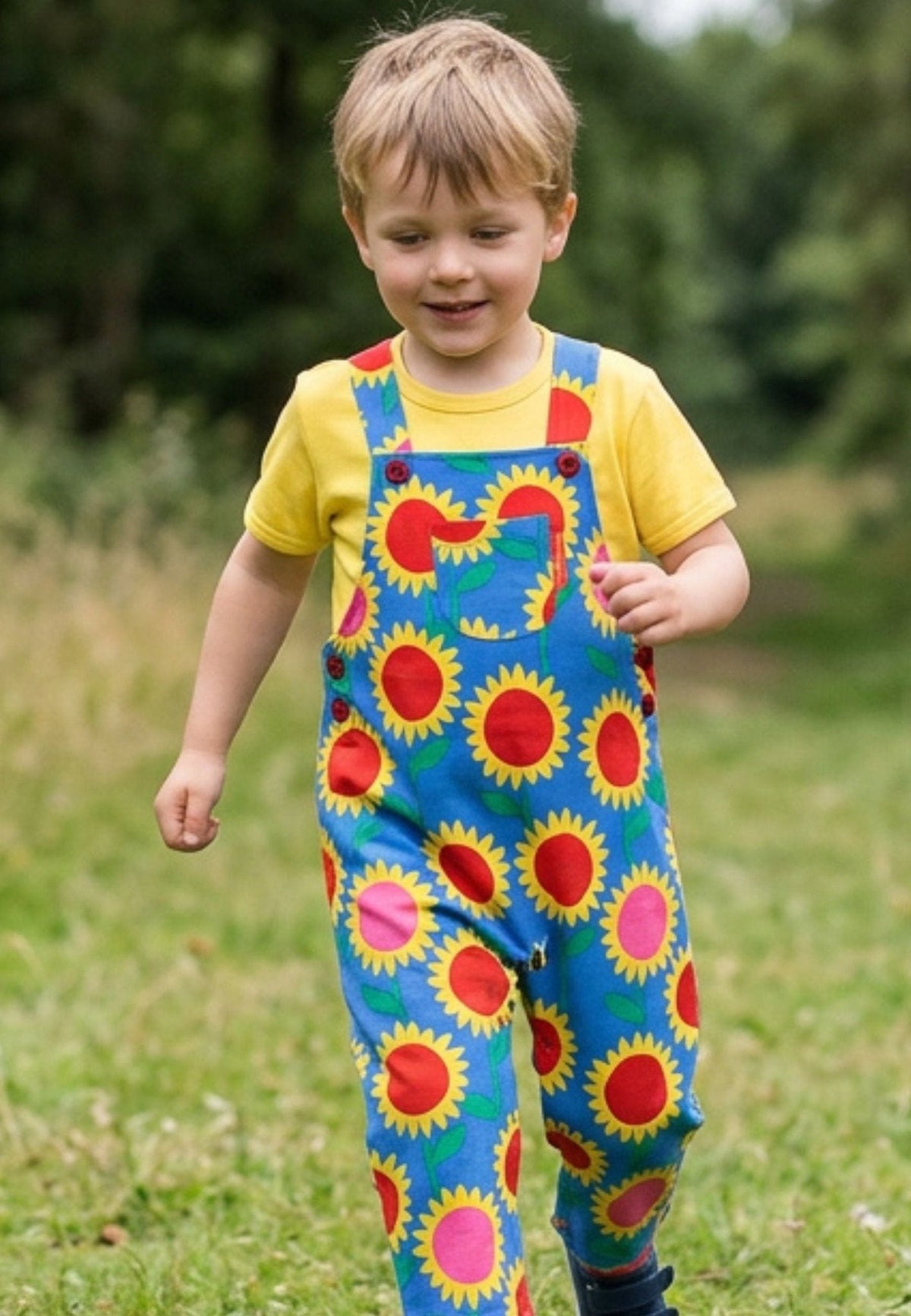 Organic Sunflower Bee Print Dungarees - Toby Tiger UK