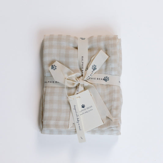 Ralphie Bear Gingham Beige oversized swaddle muslin for newborns - sustainable baby muslin UK | Kiddykind