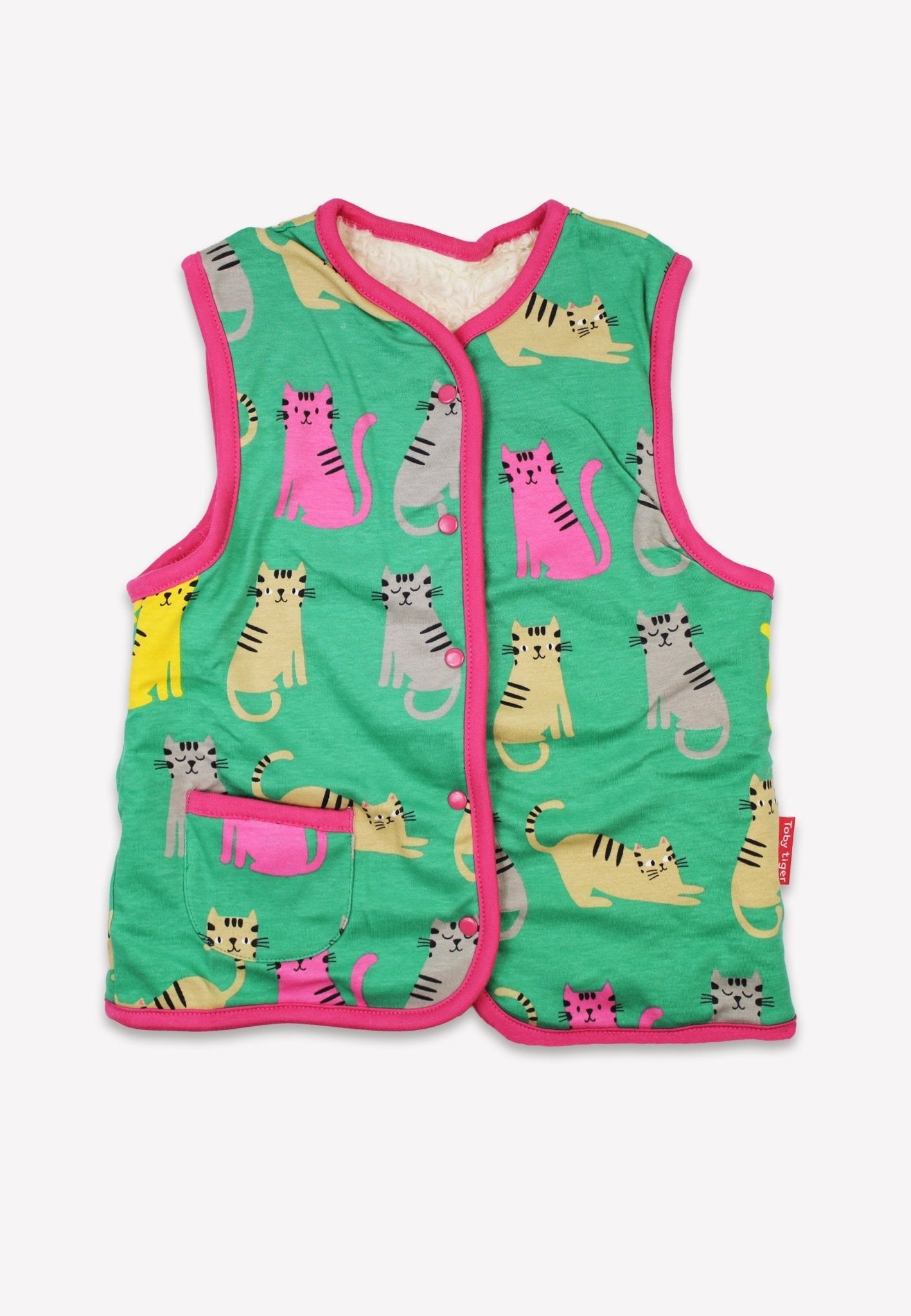 Conscious baby essentials: Organic Kitten Print Reversible Gilet | KIDDYKIND