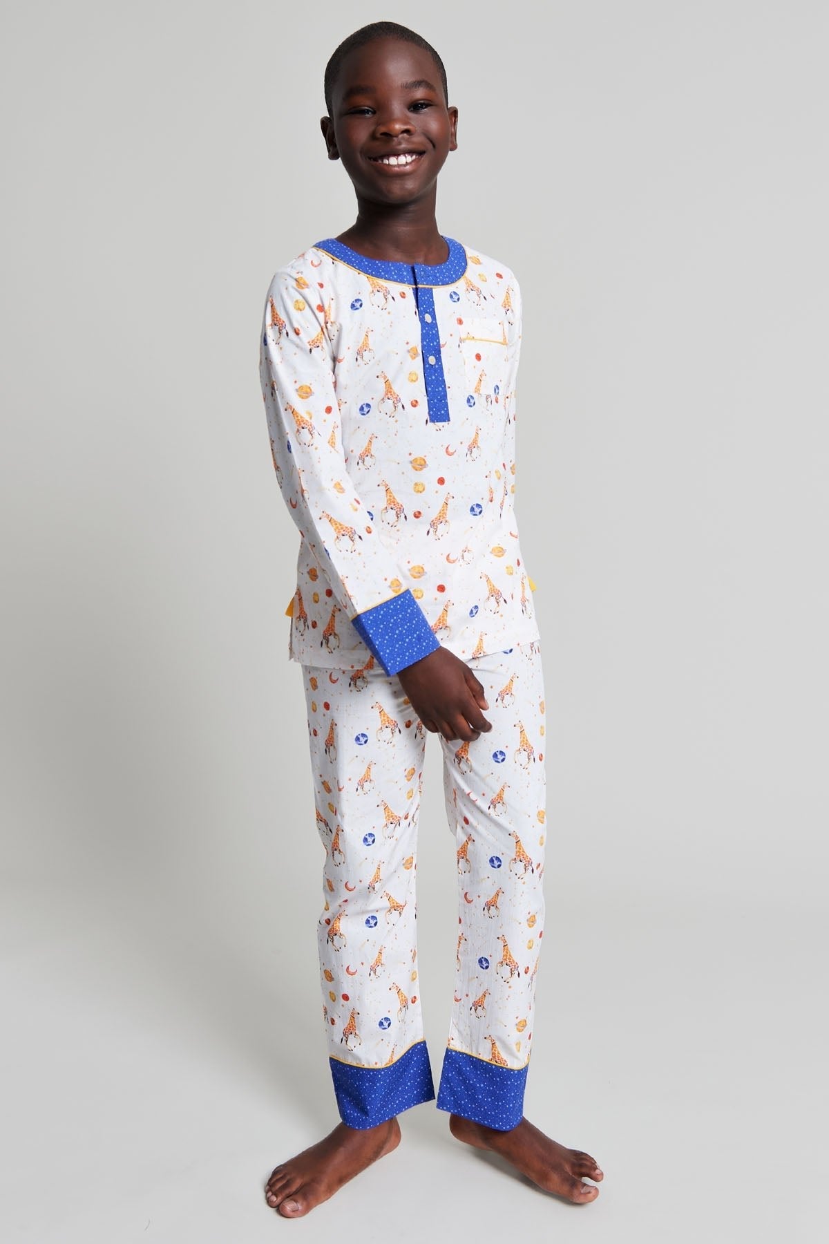 giraffe space odyssey - organic cotton kids pyjama set | organic baby sleepwear UK — KIDDYKIND
