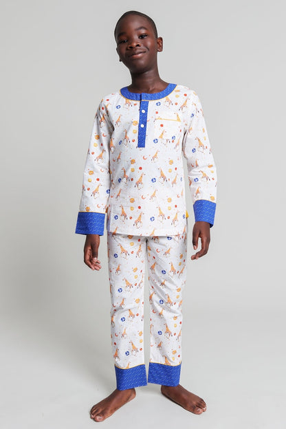 giraffe space odyssey - organic cotton kids pyjama set | organic baby sleepwear UK — KIDDYKIND