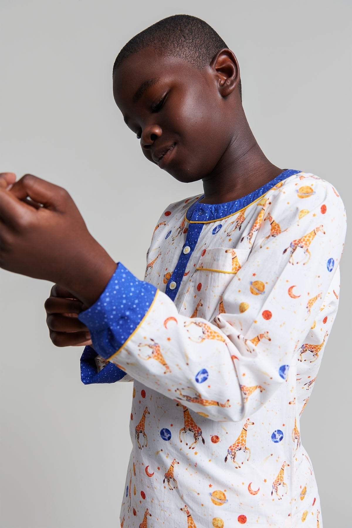 giraffe space odyssey - organic cotton kids pyjama set | organic baby sleepwear UK — KIDDYKIND