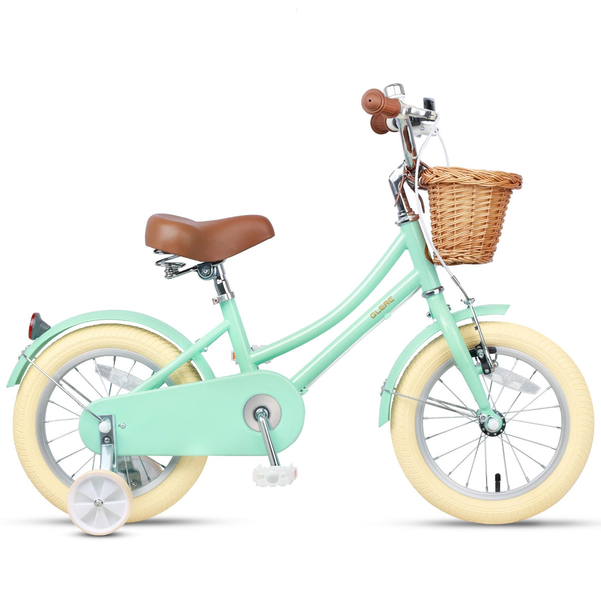 Glerc Little Molly 12 inch kids bike with stabilisers, wicker basket and mudguards in Mint Green