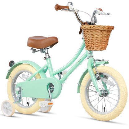 Glerc Little Molly 14 inch kids bike with stabilisers, wicker basket and mudguards in Mint Green, view 3