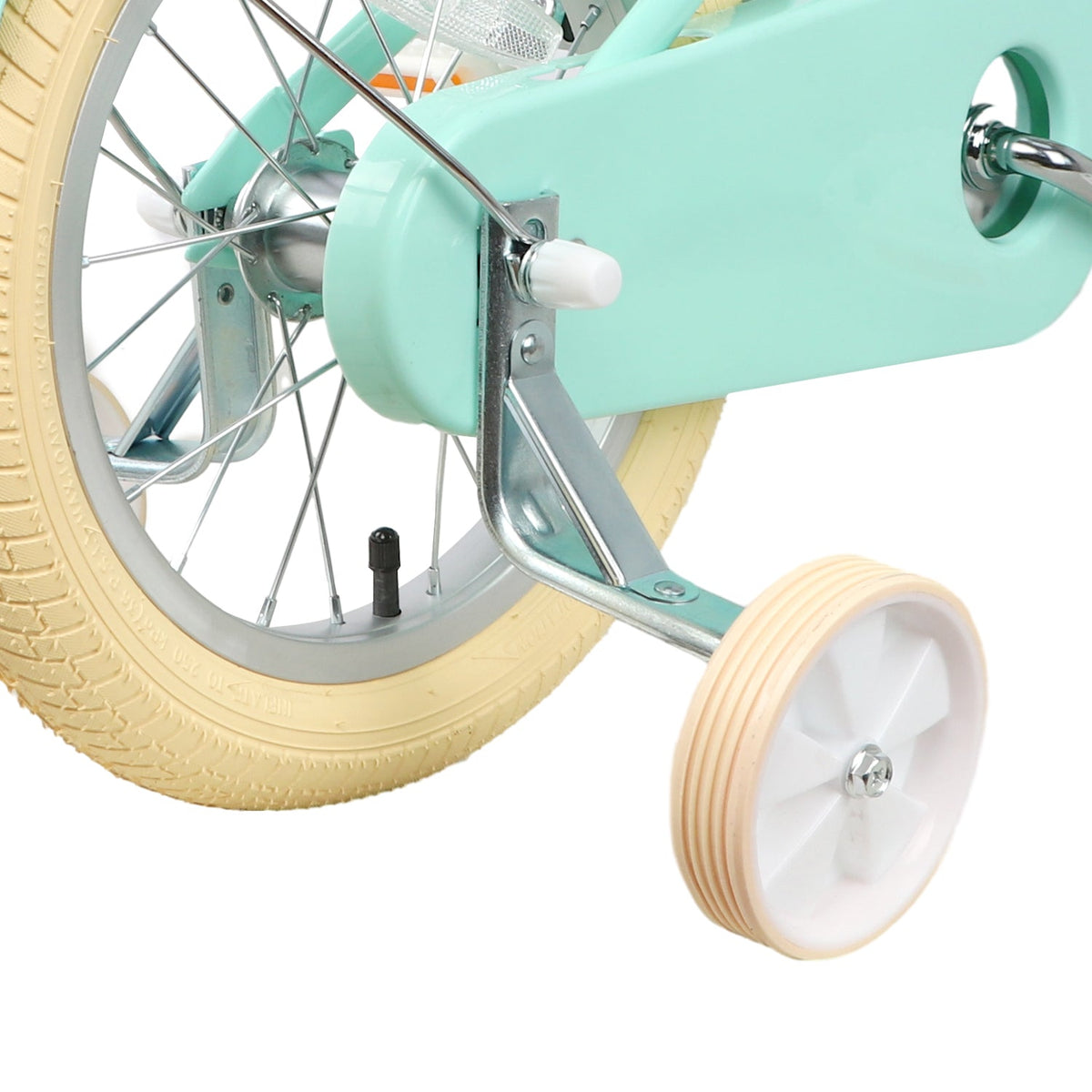 Glerc Little Molly 12 inch kids bike with stabilisers, wicker basket and mudguards in Mint Green, view 4