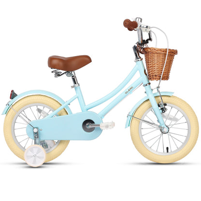 Glerc Little Molly 12 inch kids bike with stabilisers, wicker basket and mudguards in Blue