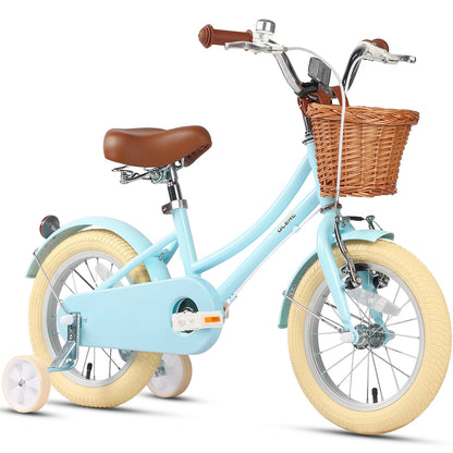 Glerc Little Molly 14 inch kids bike with stabilisers, wicker basket and mudguards in Blue