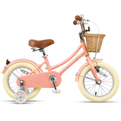 Glerc Little Molly 12 inch kids bike with stabilisers, wicker basket and mudguards in Peach