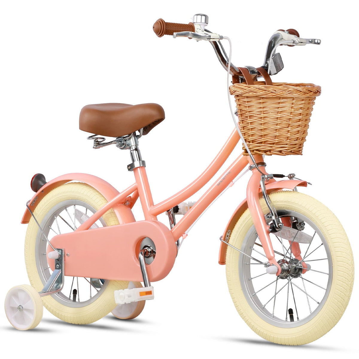 Glerc Little Molly 16 inch kids bike with stabilisers, wicker basket and mudguards in Peach, view 3
