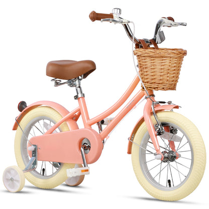 Glerc Little Molly 16 inch kids bike with stabilisers, wicker basket and mudguards in Peach, view 3