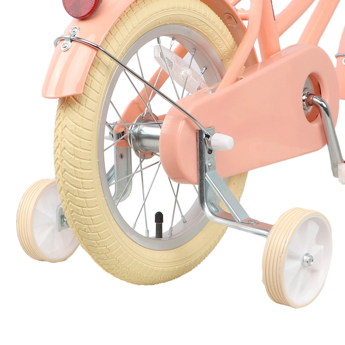Glerc Little Molly 12 inch kids bike with stabilisers, wicker basket and mudguards in Peach, view 4